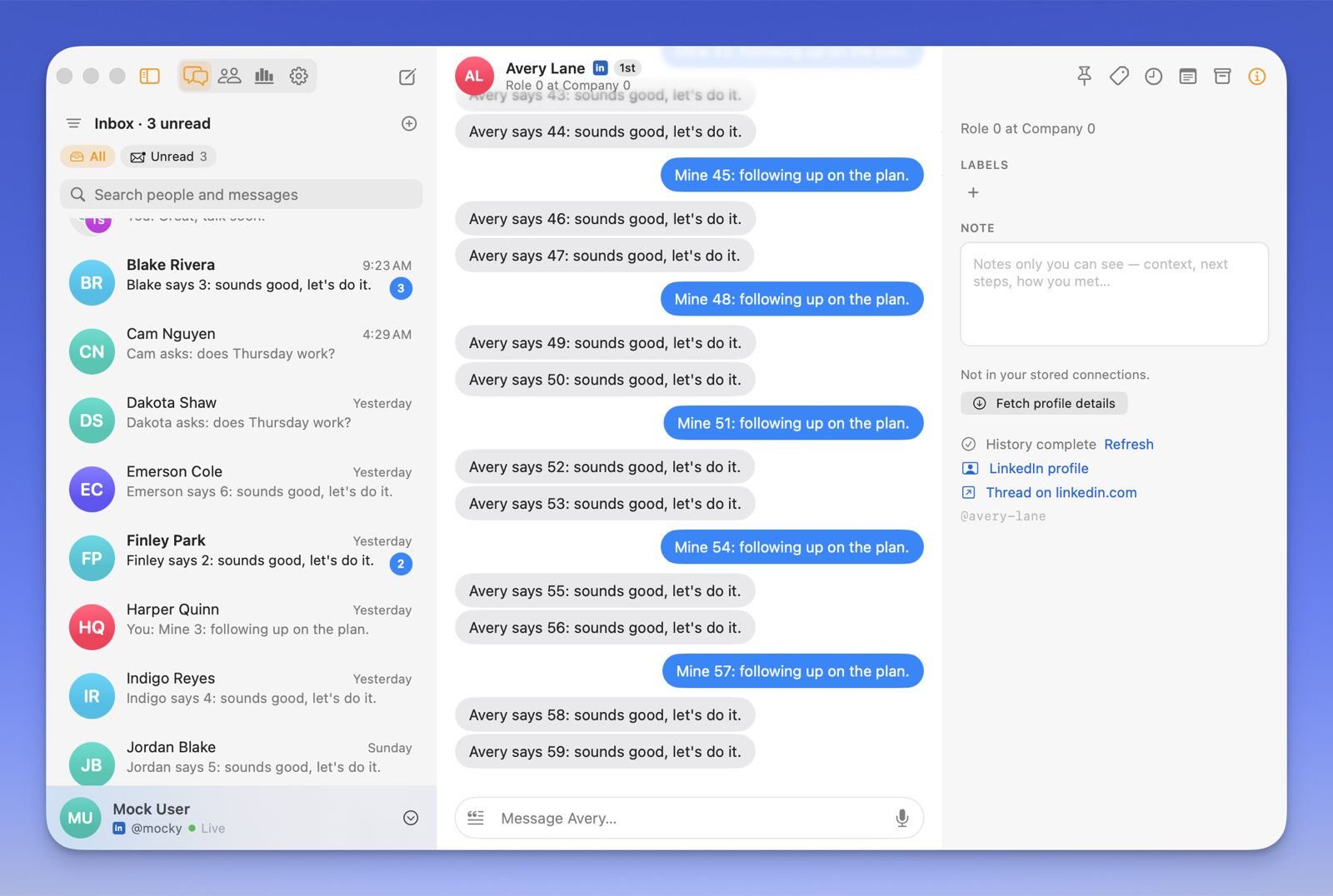 Allman for Mac: the messenger window with the inbox, a thread and the contact panel, shown with mock data